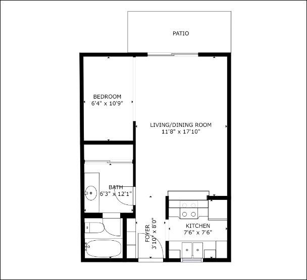 Floor plan for studio, 1 bath, 520 sqft
